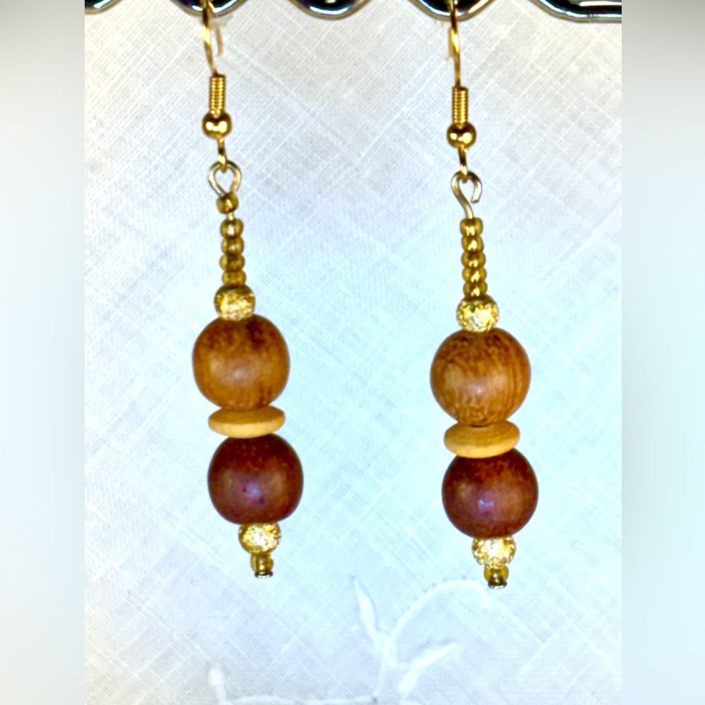Earrings Pierced Handcrafted Unique Design Women Wooden Beads & Gold Tone Beads